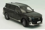 Black diecast SUV model car, front three-quarter view with chrome grille