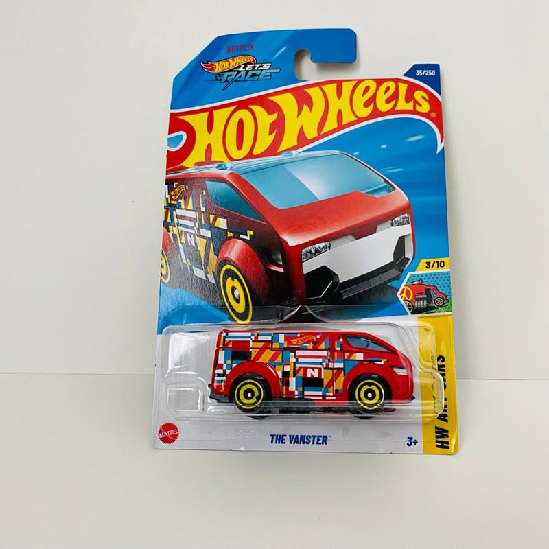 Red Hot Wheels diecast The Vanster car in blister packaging, colorful graphics and wheels