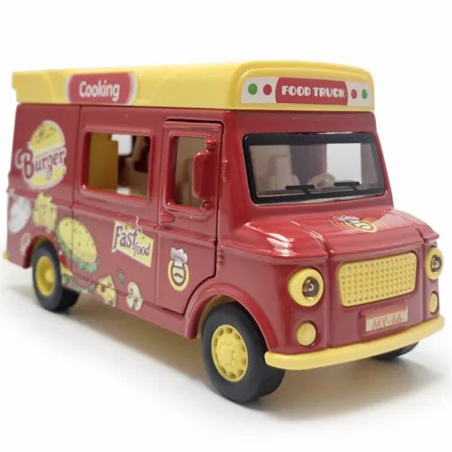 Maroon food truck diecast toy car with yellow bumper, windows, and side decals