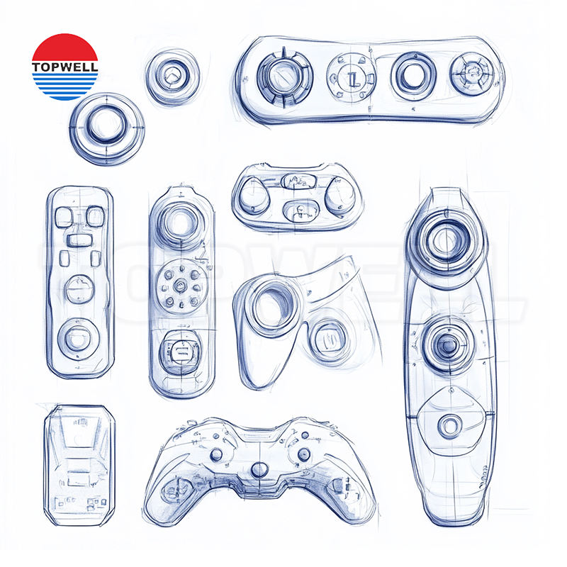 Plastic remote control enclosure design sketches with screw openings and buttons