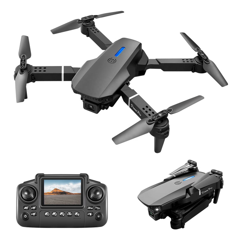 Gray mini RC drone with quad propellers and small screen remote controller