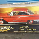 Red 1960 Ford Starliner diecast car model with chrome wheels and side trim