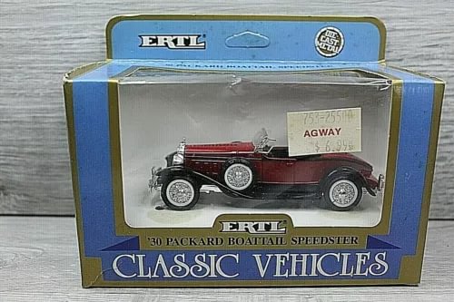 Diecast model car in retail box, ERTL Packard boattail speedster, red