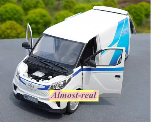 Diecast model car of white and blue electric EV30 van with front hood open