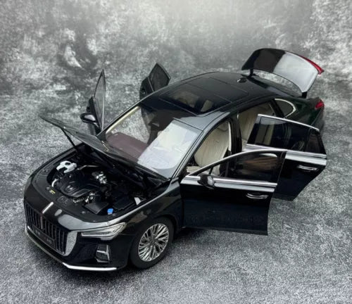 1/18 scale black diecast sedan model car with hood and driver-side door open