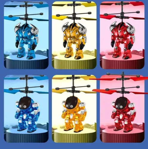 Mech warrior flying robot toy with articulated limbs in blue, gold, and red colors