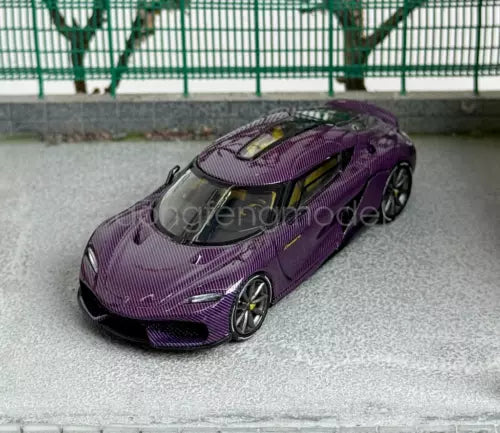 1:64 scale purple sports diecast metal car, front three-quarter view, black wheels