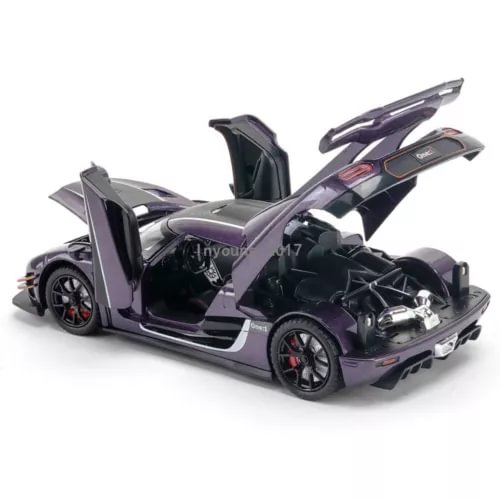 1:24 diecast model car toy in purple with open doors and rear detail