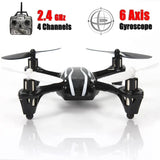 Mini quadcopter drone, black and white, four propellers, front camera module