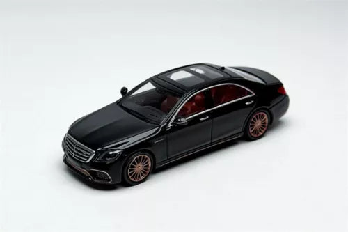 Black 1:64 diecast model car with red interior, front three-quarter view