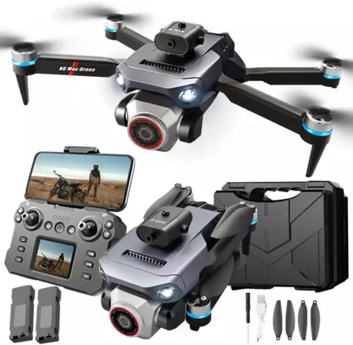 Foldable quadcopter drone with front camera, blue prop tips, and remote controller
