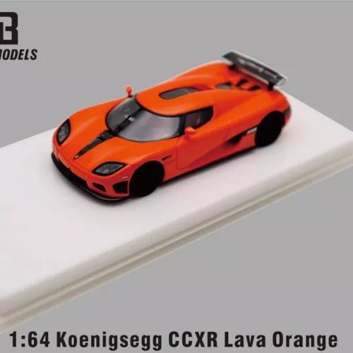 1:64 resin diecast model car in lava orange on display base, front 3/4 view