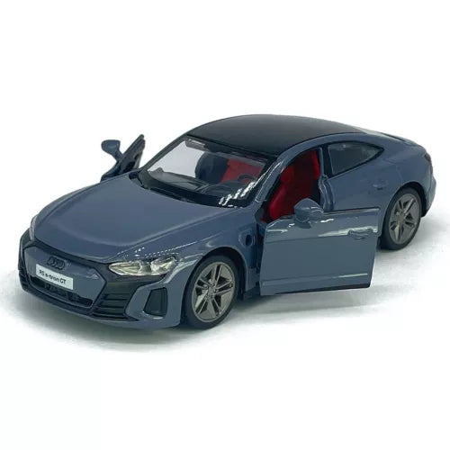 1/36 gray diecast model car with open door, front three-quarter view
