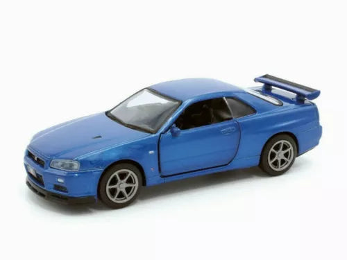 Blue diecast coupe model car with large rear spoiler and silver wheels