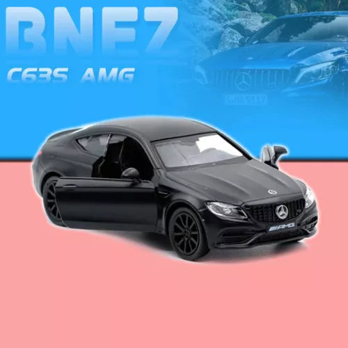 Mercedes C63S AMG diecast model car, black alloy coupe with open door, front 3/4 view