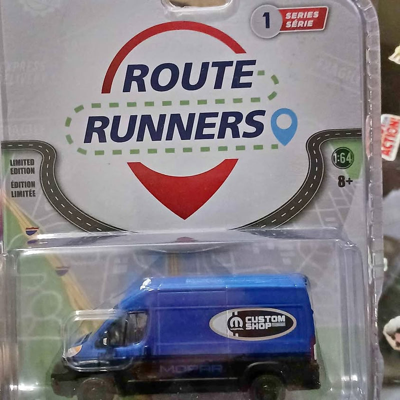 Hot Wheels Route Runners diecast truck in clear blister, blue custom shop vehicle