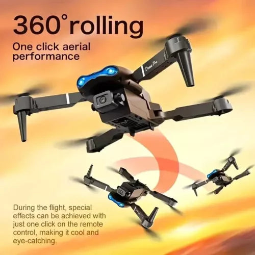 Compact quadcopter drone with blue accent lights and foldable arms