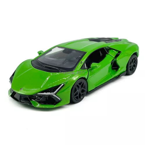 Green diecast Lamborghini model car with black wheels and front grille detail