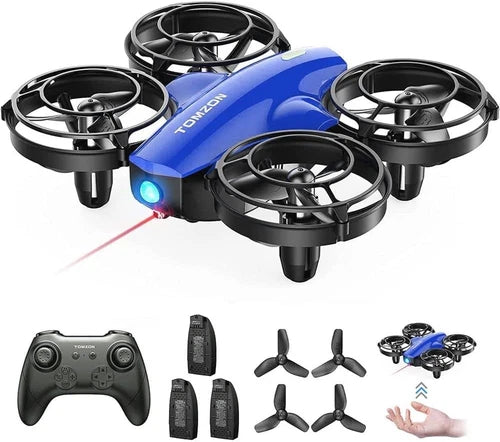 Blue mini quadcopter drone with four rotors and remote controller, charging set