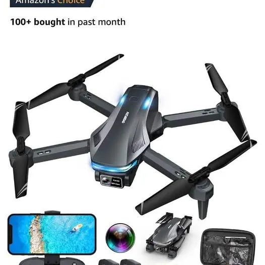 Black quadcopter drone with front camera, folding arms and propellers, plus accessory case
