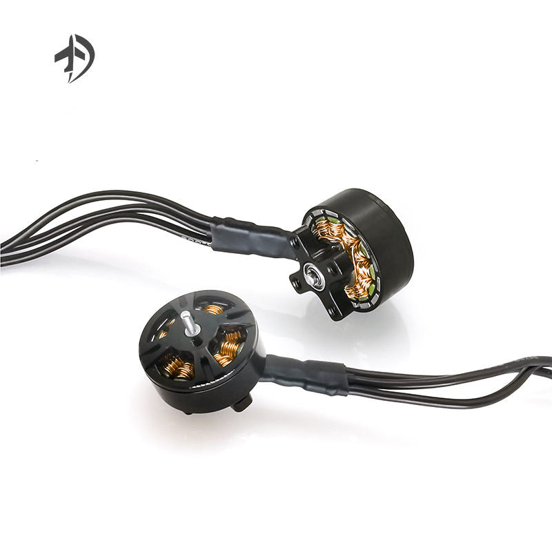 FPV drone motor with gold stator inside black casing and attached wiring