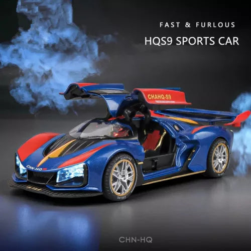 HONGQI S9 diecast sport model car, blue with raised doors and rear spoiler