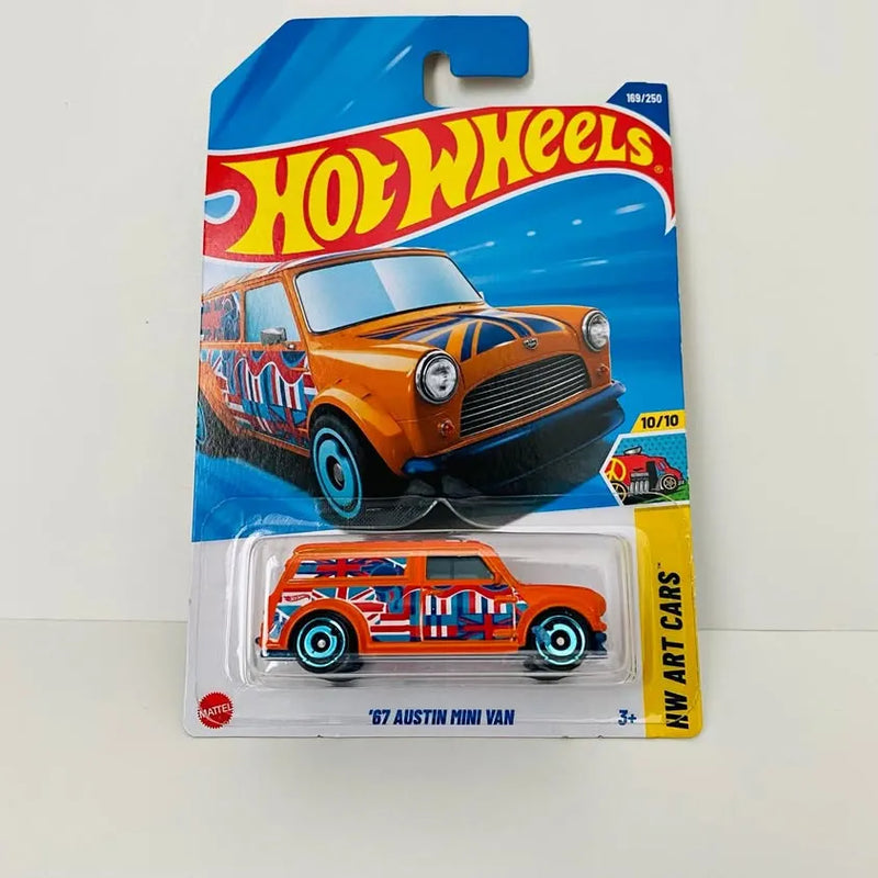 Hot Wheels 1967 Austin Mini Van diecast, orange and blue, in blister pack