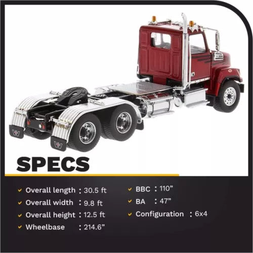 Metallic red diecast tractor truck model with tandem day cab and chrome details