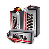 Lithium ion battery pack with red/black leads, labeled 16000 mAh for FPV