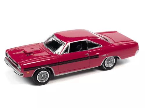 Red 1970 Plymouth GTX diecast car with chrome grille and black interior