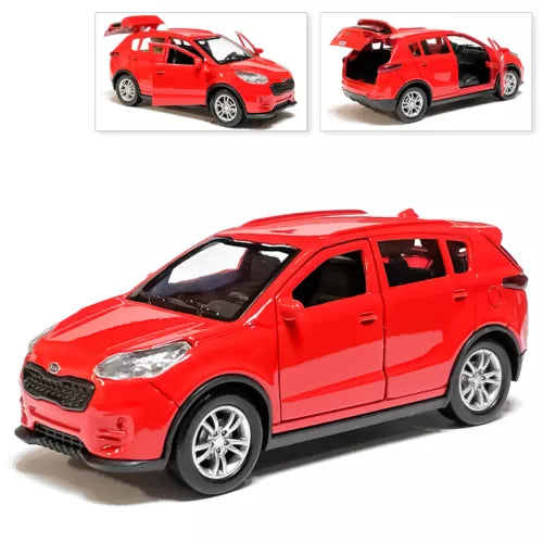 Red metal diecast toy car model, compact SUV with alloy wheels, side view
