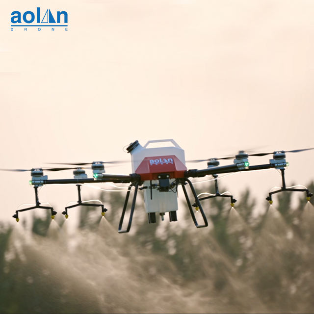 Agricultural spraying drone with four rotors and spray nozzles, Aolin branding