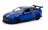 Blue diecast model car toy with racing graphics, front three-quarter view, black wheels