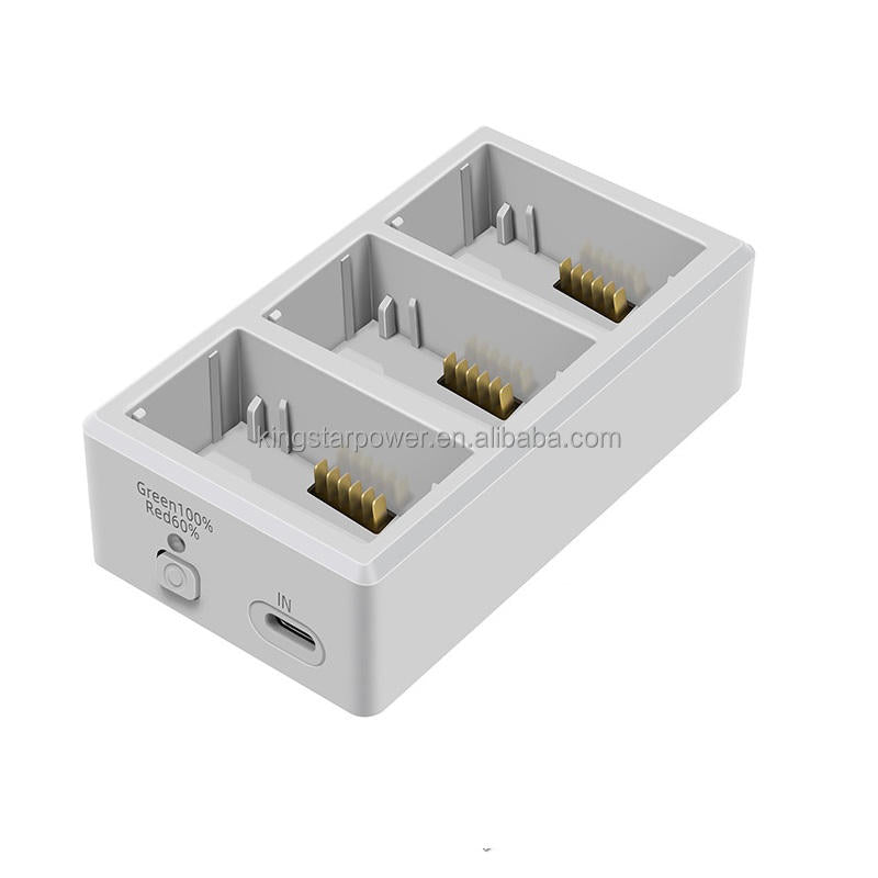 3-port drone battery charger base with three charging bays and USB-C port, grey