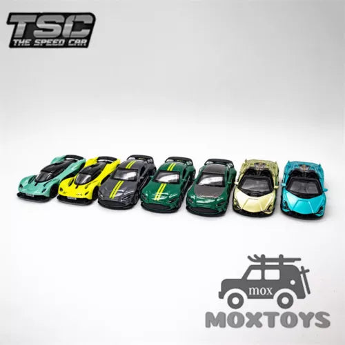 1:64 diecast model car set of six, in green, yellow, blue, and camo