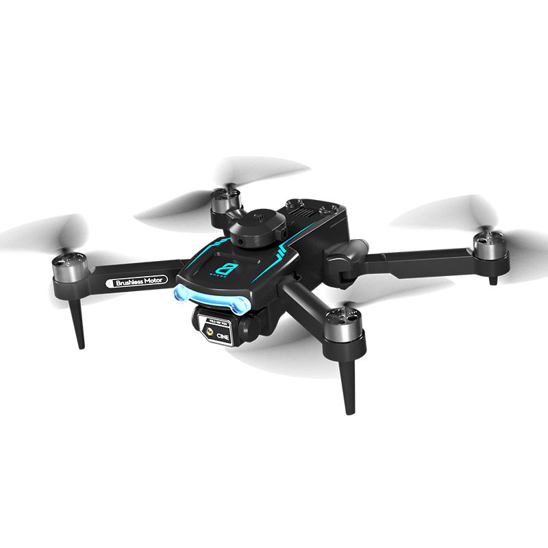 Black FPV quadcopter drone with 8K camera module and four propellers