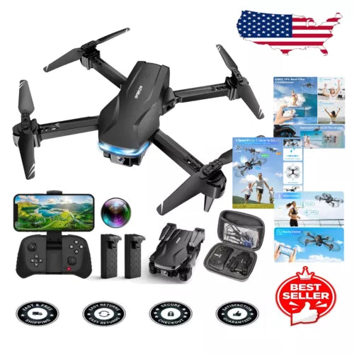 Foldable HD drone kit with black drone, remote controller, extra batteries, carrying case