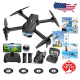 Foldable HD drone kit with black drone, remote controller, extra batteries, carrying case