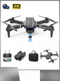 Folding quadcopter drone with front camera and four propellers, plus remote controller