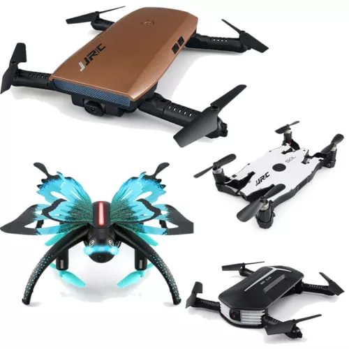 Foldable mini quadcopter drone with four rotors, brown body and black arms