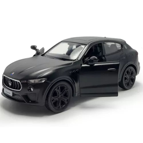 1/36 scale Maserati Levante GTS matte black model car, front three-quarter view