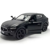 1/36 scale Maserati Levante GTS matte black model car, front three-quarter view