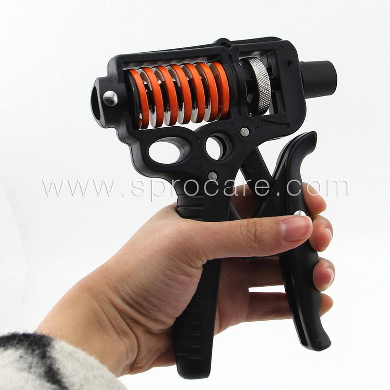 Adjustable hand power gripper with black frame and orange coil spring