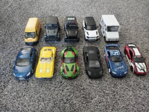 Set of 11 diecast toy cars, 1/36 scale, assorted colors and styles