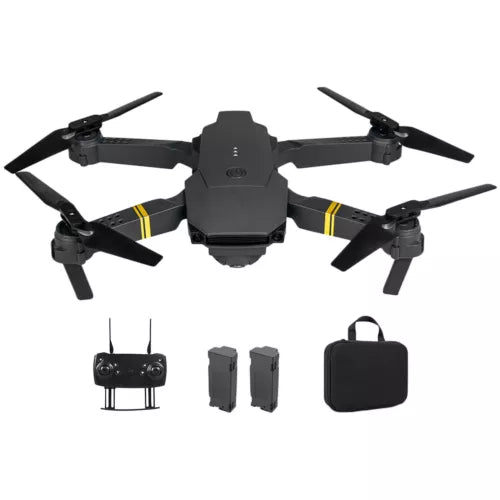 Black foldable quadcopter drone kit with two batteries and storage case