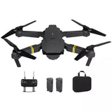 Black foldable quadcopter drone kit with two batteries and storage case