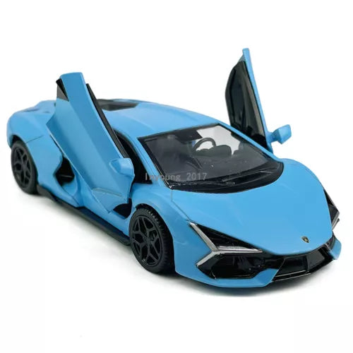 Lamborghini Revuelto diecast model car, blue with open doors and black wheels