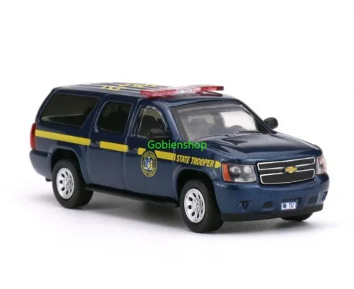 Blue police SUV diecast model toy with roof light and yellow side stripe