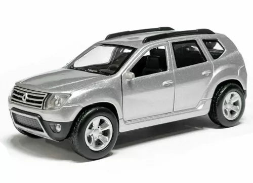 Renault Duster diecast car, silver 1/36 scale, front three-quarter view