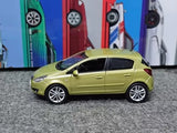 Metal diecast hatchback car, lime green, side view with silver wheels